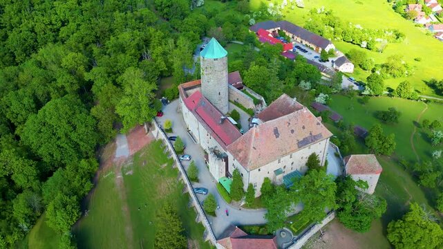 4K Aerial Drone Video of the Restaurant at the Historic Colmberg Castle near Ansbach, Germany in Bavaria