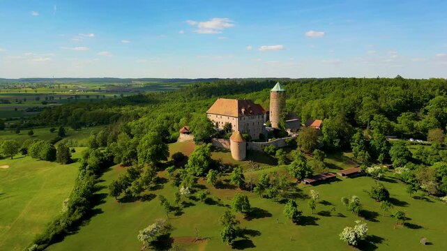 4K Aerial Drone Video of the Farmland Surrounding the Beautiful Colmberg Castle near Ansbach, Germany in Bavaria
