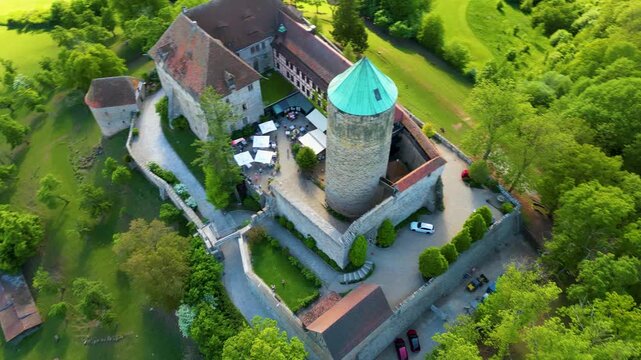 4K Aerial Drone Video of the Restaurant at the Historic Colmberg Castle near Ansbach, Germany in Bavaria