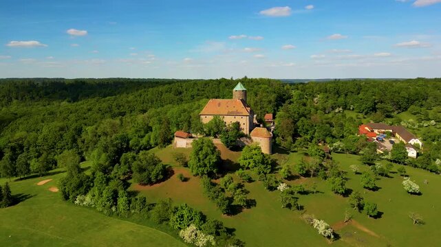 4K Aerial Drone Video of the Farmland Surrounding the Beautiful Colmberg Castle near Ansbach, Germany in Bavaria
