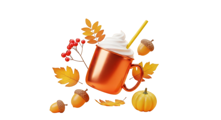 3D Autumn Drink with Leaves, Acorns, and Pumpkin spice latte isolated on a transparent background
