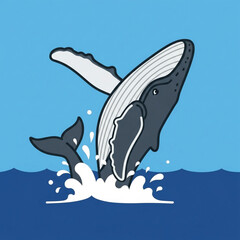 Whale Breaching Cartoon Illustration in Ocean with Water Splashes