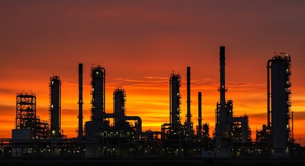 Fototapeta premium Industrial silhouette of factory under orange sunset sky