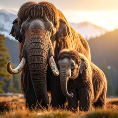 Mammoth mother and calf in golden light
