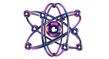 3D Abstract Atom Model with Iridescent Orbiting Electrons science physics isolated on a transparent background