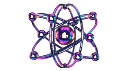 3D Abstract Atom Model with Iridescent Orbiting Electrons science physics isolated on a transparent background