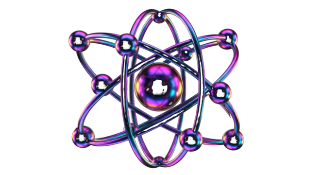 3D Abstract Atom Model with Iridescent Orbiting Electrons science physics isolated on a transparent background