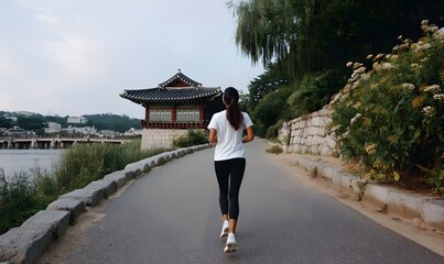 an asian woman in black leggings and a sports top running on the road next to a korean traditional bridge