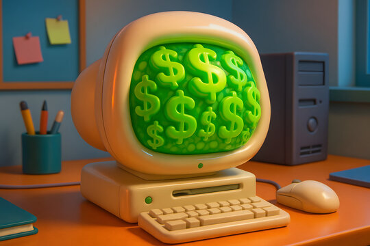 Money Minded Computer: An antique computer, its screen displaying a vibrant currency symbol pattern, sits on a vibrant office desk, symbolizing a vision for financial prosperity.