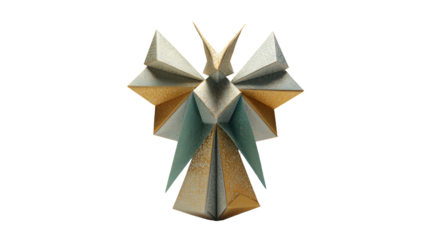 Origami angel, symmetrical, geometric, light beige, pale blue, intricate folds, detailed design