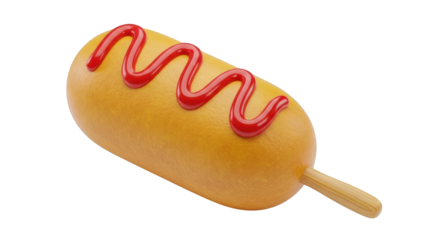 3D Cartoon Corn Dog With Ketchup On Stick Isolated Keywords: corn dog, hot dog, food, snack isolated on a transparent background