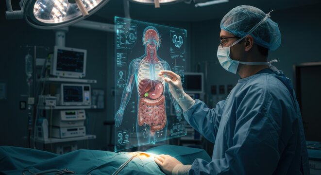 Surgeon Using Holographic Technology in Operating Room for Surgery.