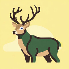 Stag Illustration with Green Body in Flat Design Style on Yellow Background