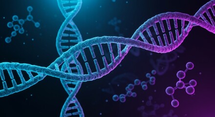 DNA Strand Floating in Dark Laboratory with Abstract Molecules Conceptual Medical Art