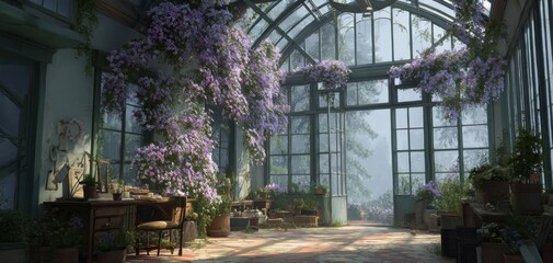 Fototapeta premium Serene Glasshouse with Lush Purple Blooms and Soft Light Filtering Through the Windows in an Inviting Indoor Garden Space