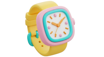 3D Cartoon Kids Wristwatch With Yellow Band Pink Blue Face Keywords: wristwatch, watch, kids isolated on a transparent background