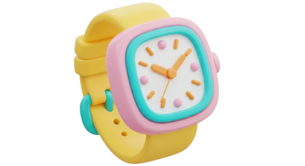 3D Cartoon Kids Wristwatch With Yellow Band Pink Blue Face Keywords: wristwatch, watch, kids isolated on a transparent background
