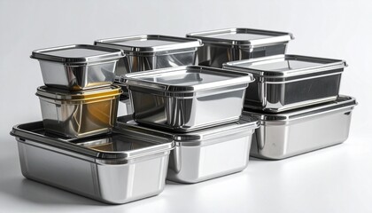 Set of stainless steel food containers with rounded edges, fitted lids, and one golden interior piece.