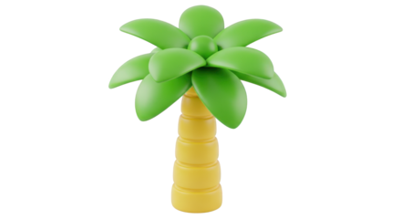 3D Cartoon Palm Tree with Green Leaves and Yellow Trunk tropical nature isolated on a transparent background