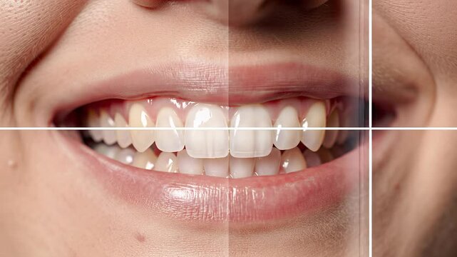 Extreme close-up video of young caucasian woman's mouth & nose. Upper teeth turn white, lower yellow under bright studio light. Dental whitening concept.