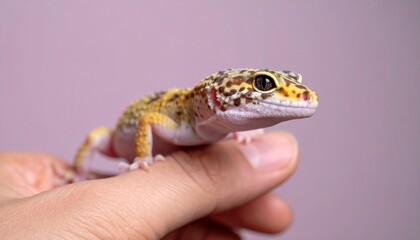 Naklejka premium Leopard Gecko portrait on a human hand, captive reptile portrait close-up