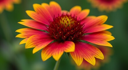 Close up of vibrant red and yellow flower with green background bokeh effect