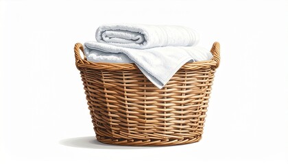 Obraz premium Woven wicker laundry basket with two handles, filled with neatly folded white towels, set against plain white background.