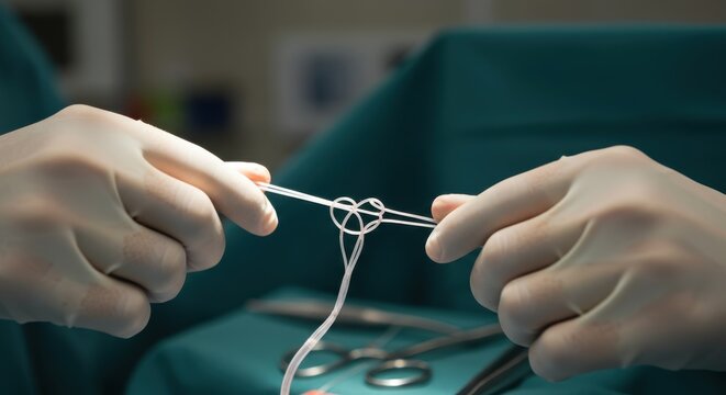 Surgeon Hands Tying Surgical Knot Close Up Detail.