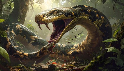 A large snake in a jungle setting
