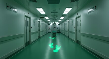 Obraz premium Footprints Leading to Surgery Room in Sterile Hospital Corridor Conceptual Photography
