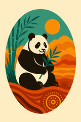 Giant Panda With Bamboo Oval Retro Mid Century Wildlife Illustration