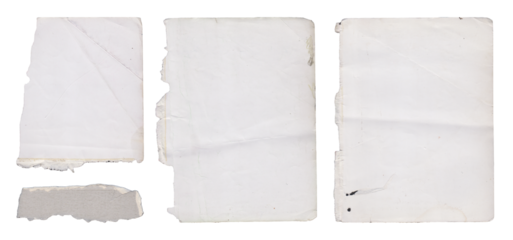 Three torn pieces of white paper isolated on transparent background, close up