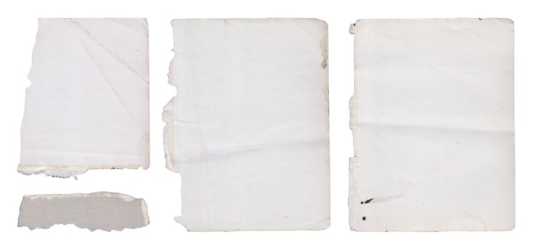 Three torn pieces of white paper isolated on transparent background, close up