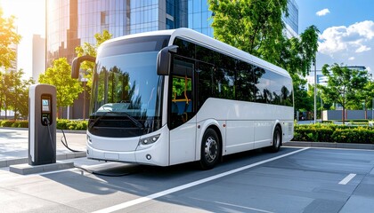 Fototapeta premium Modern Electric Bus Charging at Station in Urban Setting, Sustainable Transportation and Renewable Energy