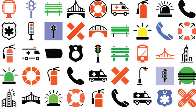 Essential services icons collection featuring emergency, transport and safety elements for civic planning and public service design needs now