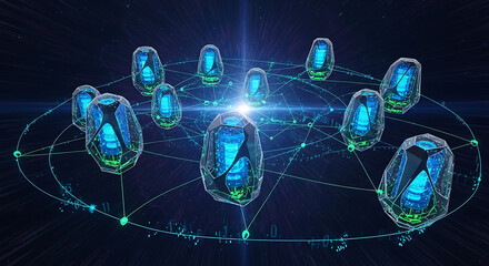 3D abstract blockchain nodes floating in cyberspace