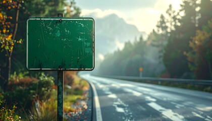 A weathered green road sign stands beside a winding asphalt highway, surrounded by autumnal foliage, distant mountains, and a sunlit atmosphere