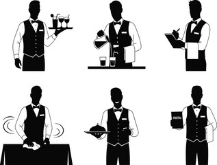 Silhouette, waiter, serving, drinks, tray, restaurant, staff, hospitality, service, uniform, menu, dish, writing, cleaning, presenting, food, beverage, formal, black, white