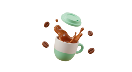 3D Coffee Splash in a Cup with Floating Coffee Beans and Lid background drink isolated on a transparent background