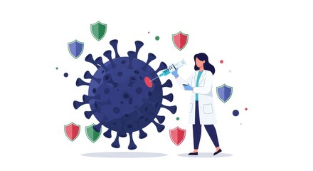 Obraz premium Vector Nurse Injecting Vaccine into Giant Virus Illustration with Shield Icons