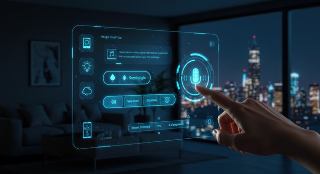 Futuristic Smart Home Control System with Holographic Interface and City View.