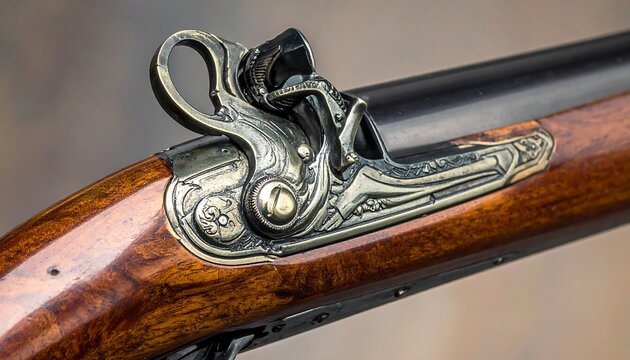 Close-up of a muzzleloading firearm's lock mechanism, showcasing intricate metalwork and wooden stock
