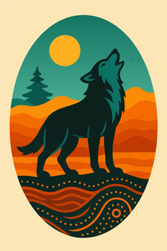 Howling Wolf In Pine Forest At Sunset Oval Retro Mid Century Nature Illustration