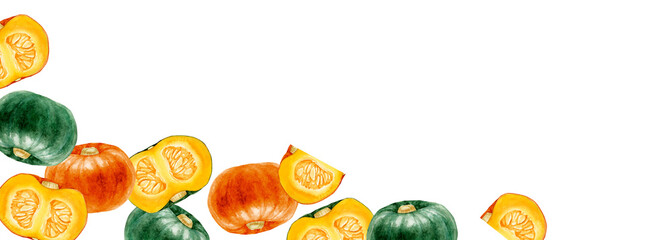 かぼちゃ　野菜　背景 フレーム 横長　水彩 イラスト