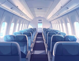 Interior of an empty airplane.  Empty passenger seats, light blue