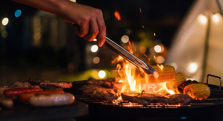 Inviting evening barbecue with grilling meat and corn, perfect for summer gatherings, creating a warm, flavorful and shareable culinary experience