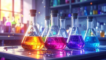 Colorful Science Lab Beakers with Bubbles and Reflections, Laboratory Research Equipment with Cork Stoppers and Brightly Colored Liquids