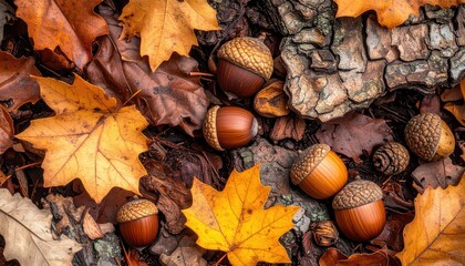 Autumnal Still Life with Acorns Maple Leaves and Tree Bark Close Up Shot in Warm Tones and Natural Light