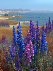 Naklejka premium Vibrant Coastal Landscape with Colorful Wildflowers and Calm Waters Under a Clear Blue Sky