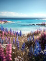 Obraz premium Vibrant coastal landscape with colorful flowers, clear blue water, and serene sky showcasing nature's beauty during the day